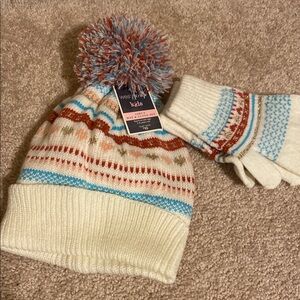 West Loop White and Blue Knitted Beanie with Pom-Pom